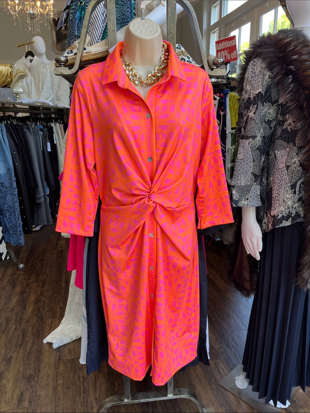 JDTSRT Gretchen Scott Designs Knotted Shirt Midi Dress in Pink and Orange